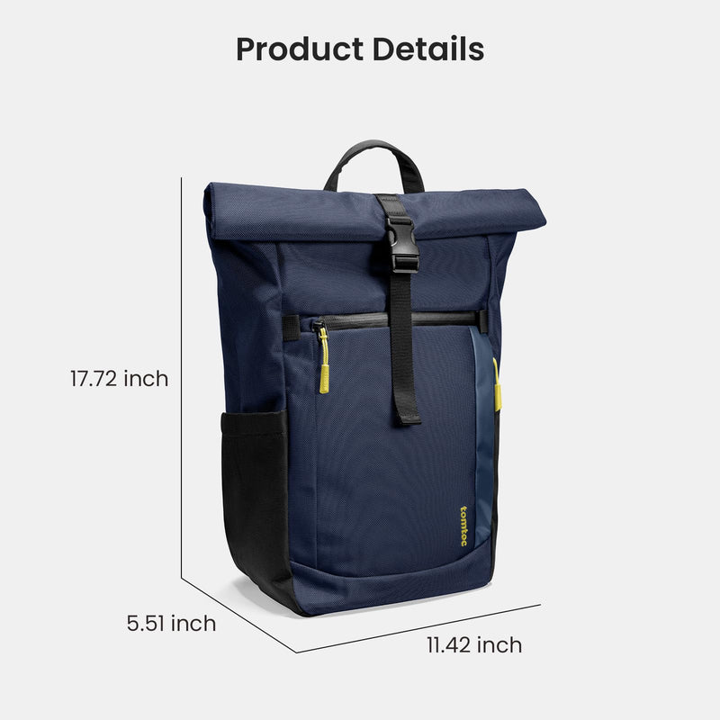 tomtoc Roll Top Laptop Backpack, Lightweight, Water - Resistant Commute Expandable Casual Daypack for 13 - 15.6 inch Laptop, Rucksack for Work College Trip, Capacity Adjustable 17 - 20L, Dark Blue