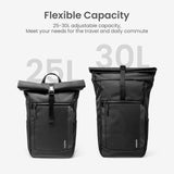 tomtoc Rolltop Laptop Backpack, Water - Resistant Travel Backpack Commute Expandable Casual Daypack for 13 - 17.3 inch Laptop, Rucksack for Work College Trip, Capacity Adjustable 25 - 30L, Black