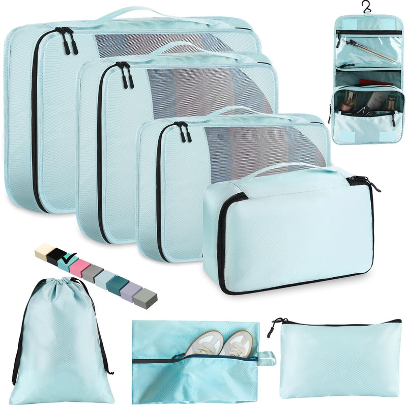 Toncoke 8 - Piece Packing Cubes for Travel, 2026 Upgraded Durable Zippers & Reinforced Mesh, Complete Luggage Organizer Set with Shoe/Toiletry/Laundry Bags, 4 Sizes for Suitcase, Men Women, Lake Blue