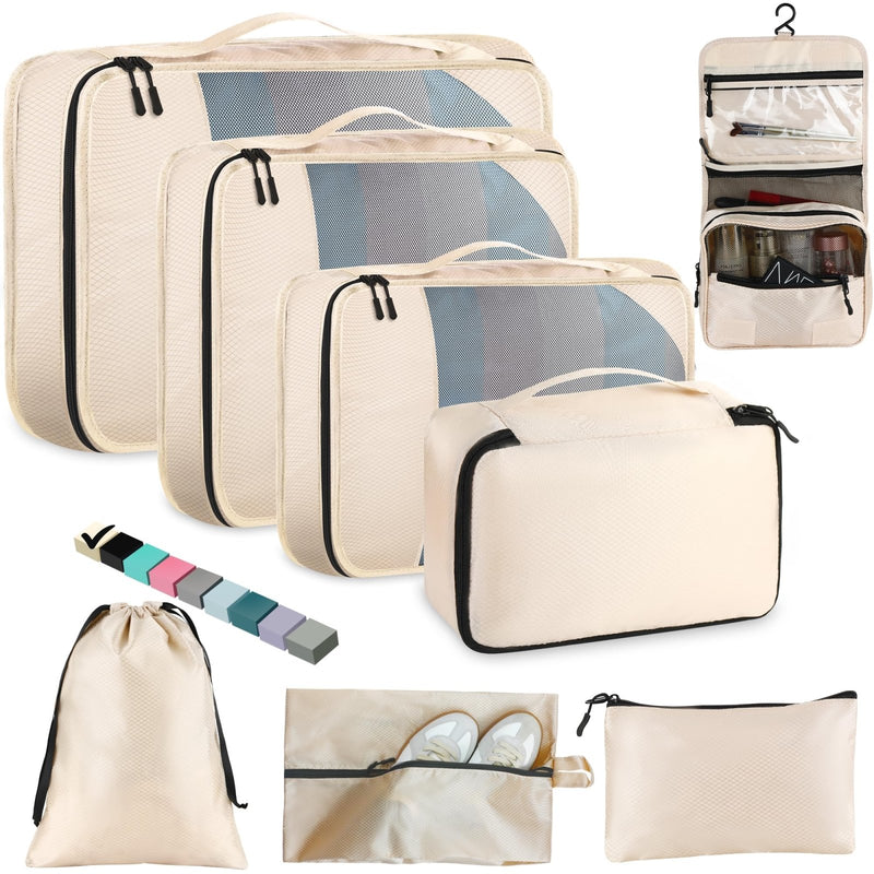 Toncoke 8 - Piece Packing Cubes for Travel, Mesh Luggage Organizers with Shoe Bag, Toiletry Bag, Laundry Pouches, 4 Sizes (XL/L/M/S) for Suitcase Organization, Men Women Kids, Beige