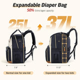 Tonyeee Diaper Bag Backpack - Extra Large Diaper Bag for 2 Kids Twin, Travel Baby Bags for Mom Dad 25 - 37L Expandable with Changing Pad Earphone Hole, Apricot Black
