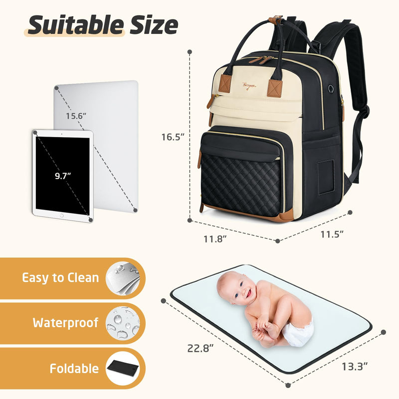 Tonyeee Diaper Bag Backpack - Extra Large Diaper Bag for 2 Kids Twin, Travel Baby Bags for Mom Dad 25 - 37L Expandable with Changing Pad Earphone Hole, Apricot Black