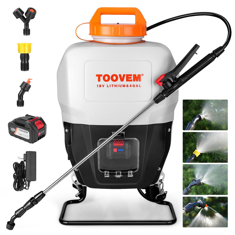 Toovem 4 Gallon Battery Powered Backpack Sprayer - Electric Garden Sprayer with 18V Strong Battery, Automatic Pressurization, 4 Nozzles, Comfortable Design for Lawn, Garden, Farms & Orchards Spraying
