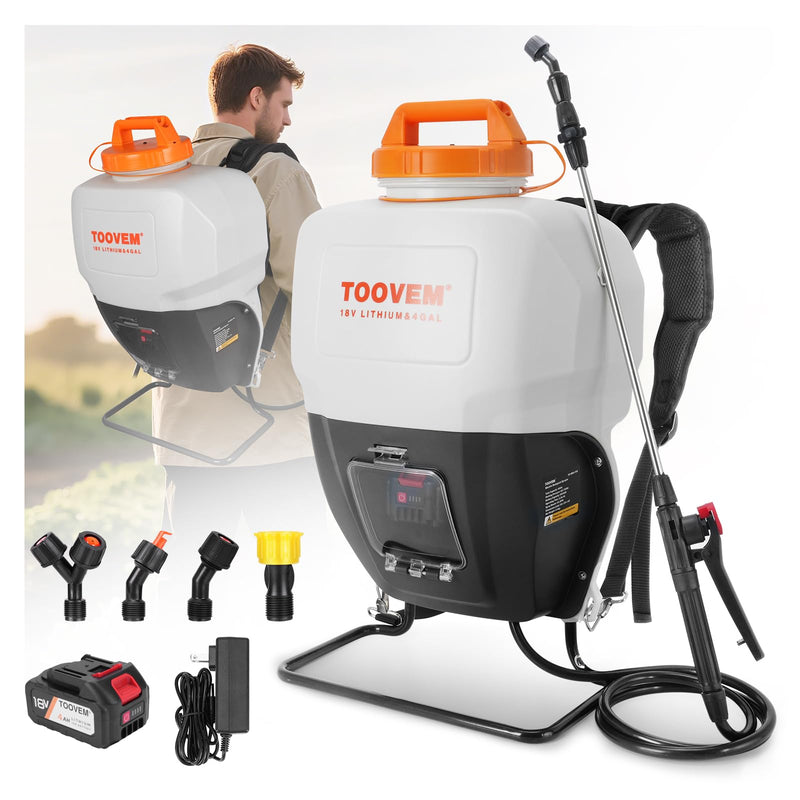 Toovem 4 Gallon Battery Powered Backpack Sprayer - Electric Garden Sprayer with 18V Strong Battery, Automatic Pressurization, 4 Nozzles, Comfortable Design for Lawn, Garden, Farms & Orchards Spraying