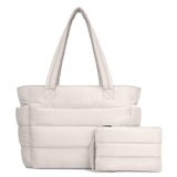 TOPDesign Puffer Tote Bag for Women, Lightweight Puffy Handbag with Compartments & Cosmetic Bag, Quilted Shoulder Bags for Work, Travel, Gym, Gifting (M Light White)