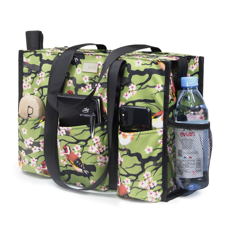 TOPDesign Utility Water Resistant Tote Bag with 13 Exterior & Interior Pockets, Top Zipper Closure & Thick Bottom Support, for Working Women, Teachers, Nurses, Accountants (Bird)
