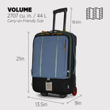 Topo Designs Global Travel Roller Bag Suitcase, 44L Carry - On, 3 Handles, Smooth Heavy Duty Wheels, Telescoping Handle, Durable + Rugged, WRAP Certified (Stone Blue/Forest)