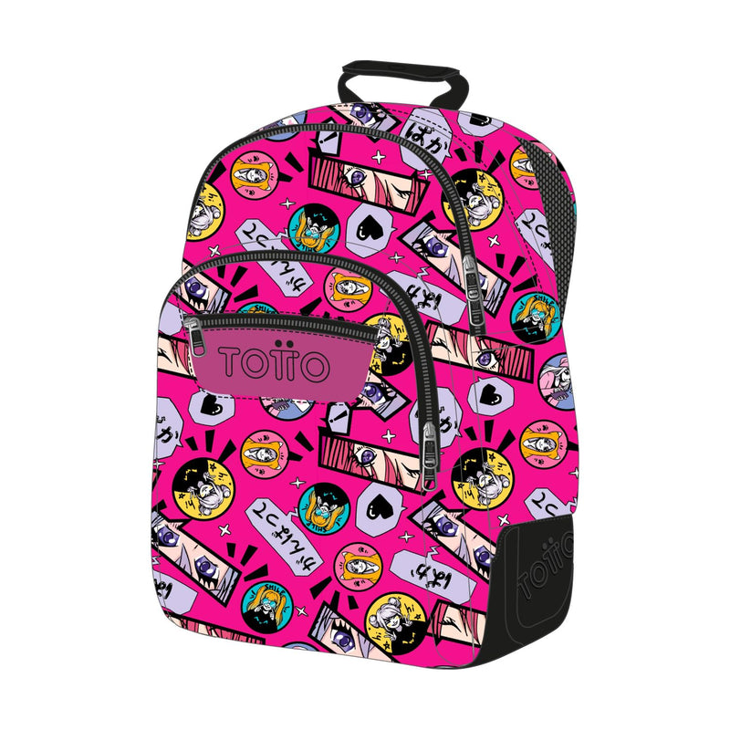 TOTTO - Large School Backpack, Rayol Model, Capacity 19 L, 3 Compartments, 2 Bottle Pockets, 14" PC Pocket, Ergonomic Back with Airflow, S - Straps, Kitsune Print