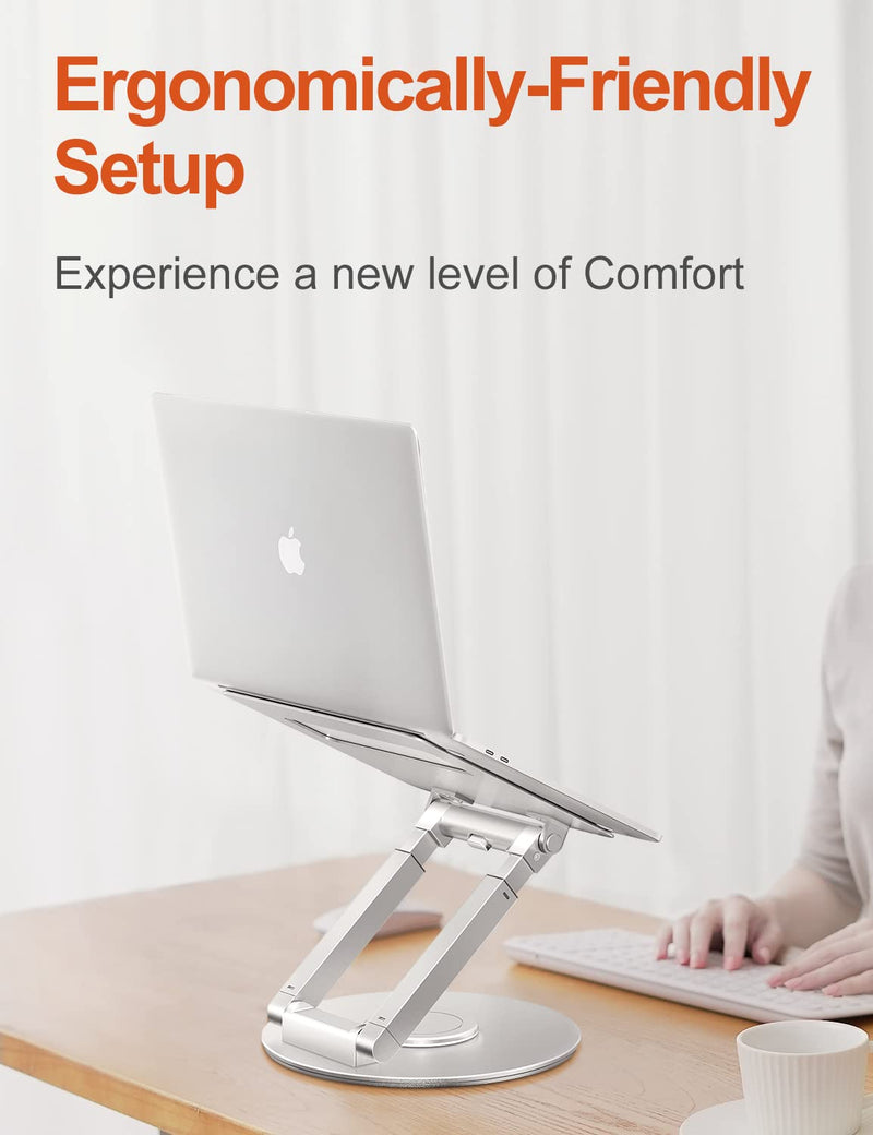 tounee Telescopic Laptop Stand for Desk with 360° Swivel Base, Sit to Stand, Height Adjustable, Portable Riser Holder for Good Posture, Compatible with All Laptops 10 - 17" - Silver