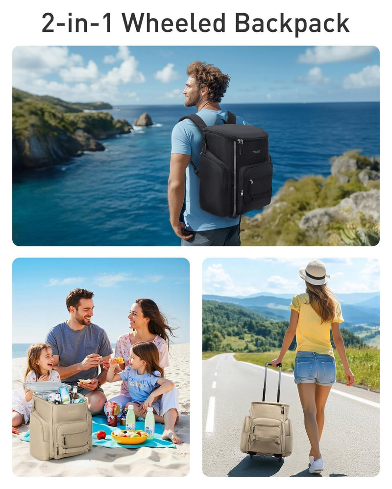 TOURIT Rolling Cooler Backpack: Leakproof Waterproof Insulated 36 Cans Beach Cooler with Wheels and Handle Outdoor Camping Picnic Travel Black