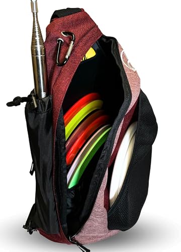 Tournament Slinger Bag | Carries 6-12 Disc Golf Discs | Includes Extra Pockets for Retriever and Mini (Red/Heather)