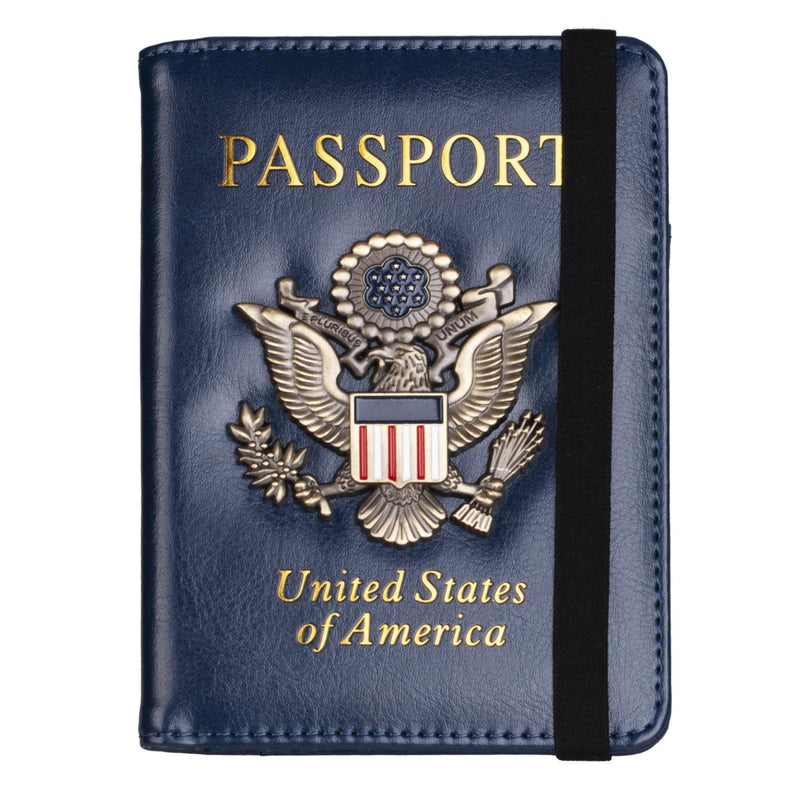 TOURSUIT RFID Blocking Passport Holder for Women Men, Leather Passport Travel Wallet with Metal 3D Metal Badge, Travel Document Holder Cover Accessories (Dark Blue)