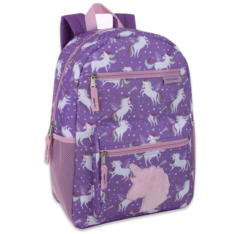 Trail maker 17” Kids Character School Backpacks Plush for Girls with Side Pockets, Padded Straps (Plush Unicorn Love)