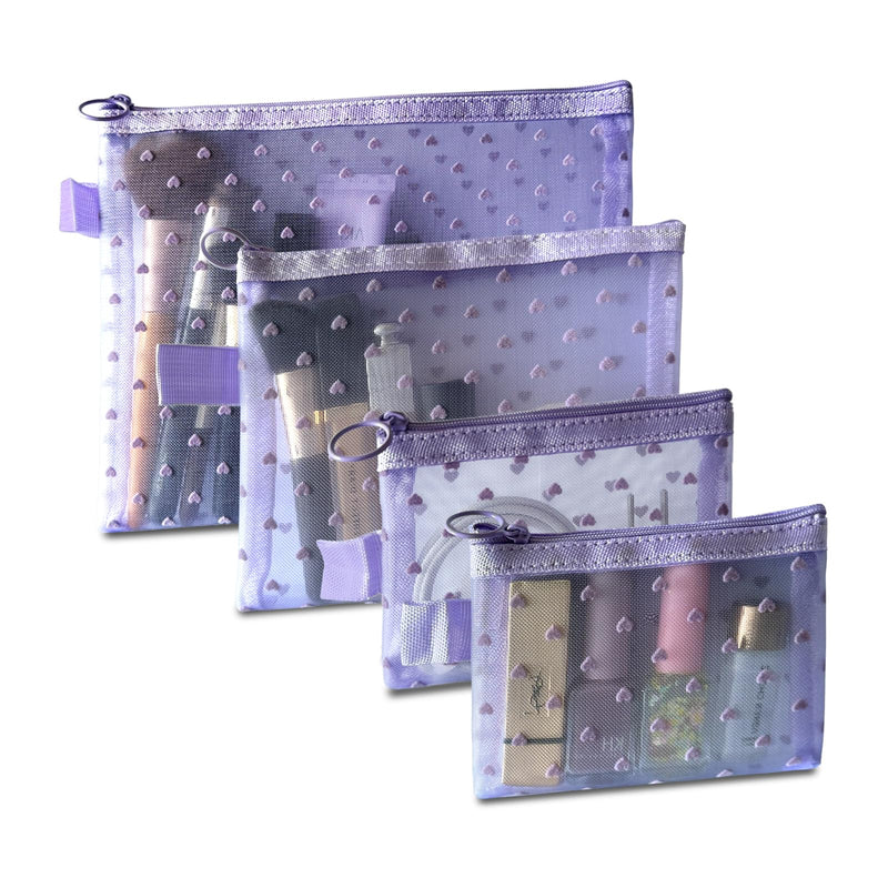 TRAKWAN 4 - Piece Heart Printed Mesh Makeup Bag Set, Portable Travel Cosmetic Bags Toiletry Bags Makeup Purse Bags Zipper Storage Pouches for Home Offices Travel Accessories (Light Purple)
