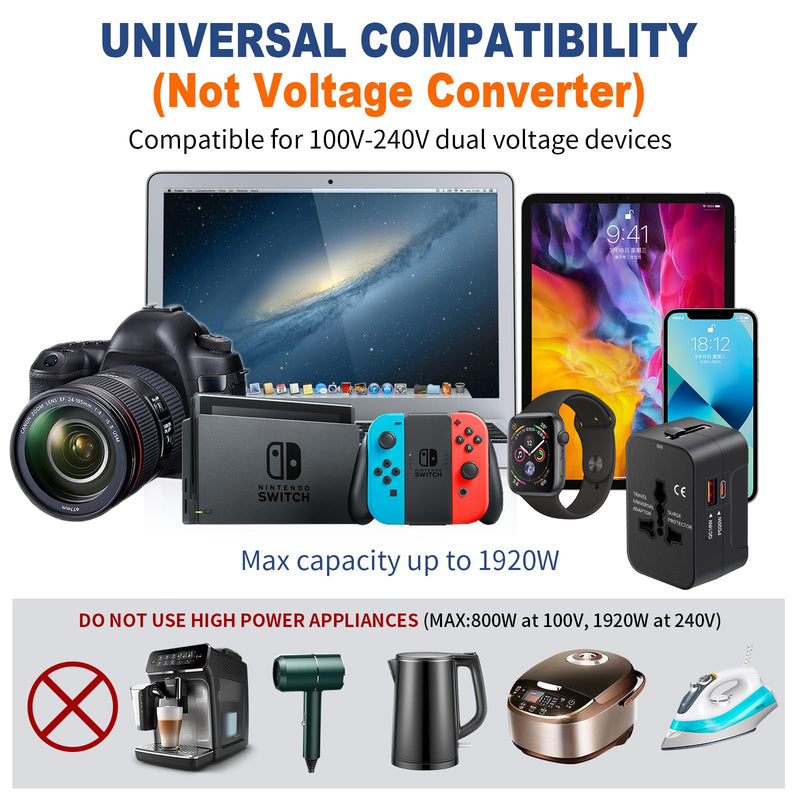 Travel Adapter USB C, Universal All in One Worldwide Travel Adapter Fast Charge GaN PD3.0 Type C USB - A Quick Charging Ports Power Converters Wall Charger AC Power Plug Adapter for USA EU UK AUS Black
