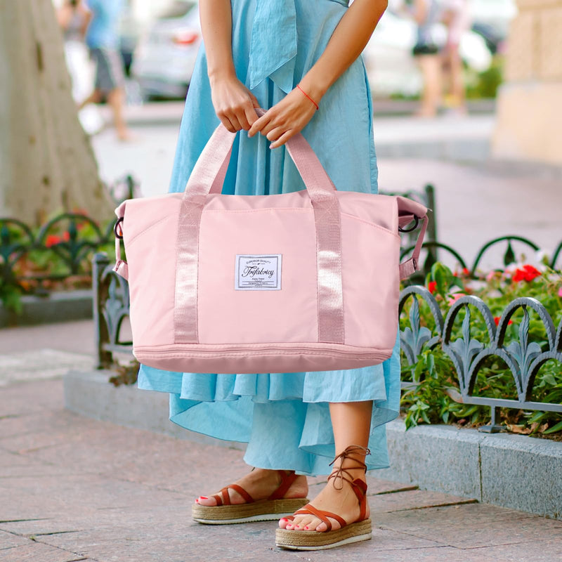 Travel Duffel Bag - Large Shoulder Weekender Overnight Bag, Carry on Bags with Wet Pocket, Waterproof Expandable Duffel Bags with Trolley Sleeve for Sports Travel Gym, Pink