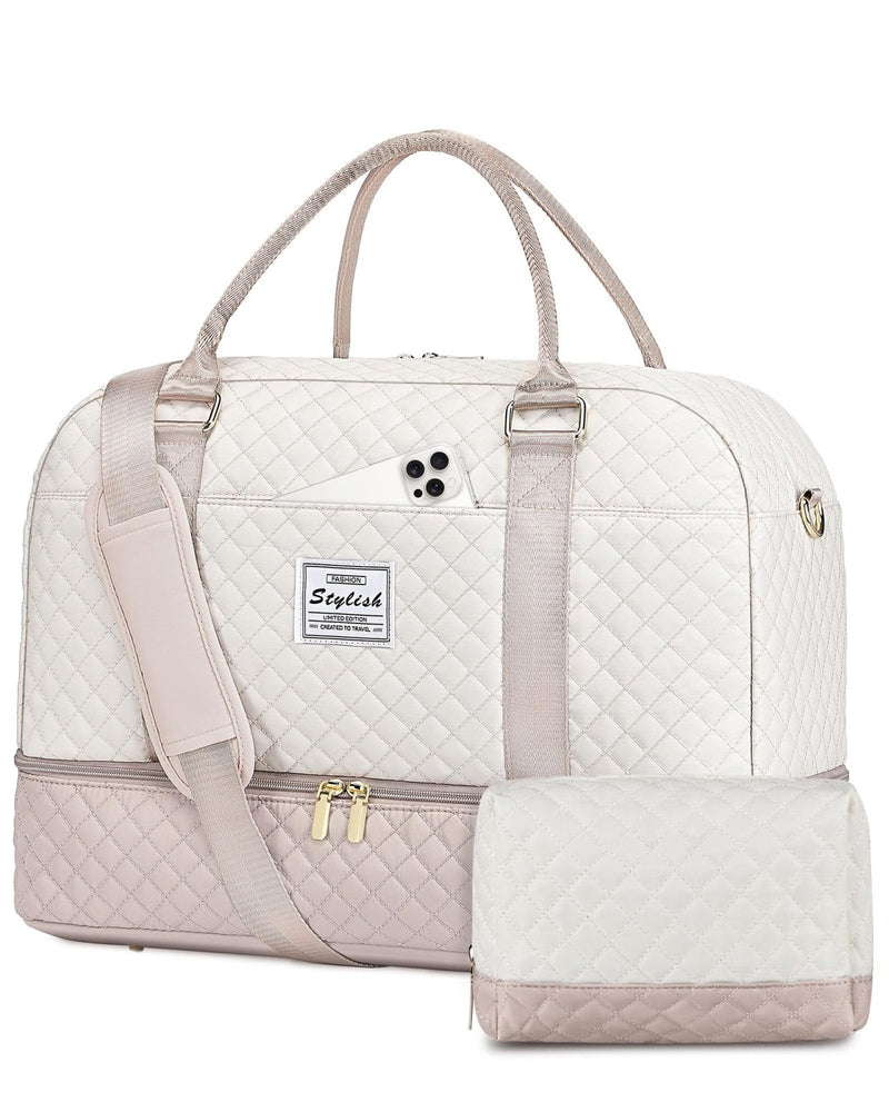 Travel Duffle Bag Weekender for Women: Travel Duffel Bag Carry - On Overnight Bag with Shoe Compartment & Wet Pocket Large Weekend Tote Bag with Gym Duffel Bag for Hospital Beige