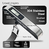 travel inspira Luggage Scale, Digital Luggage Scales, Baggage Scale with Overweight Alert LCD Display 110LB / 50KG (Stainless Steel, Black) Battery Included