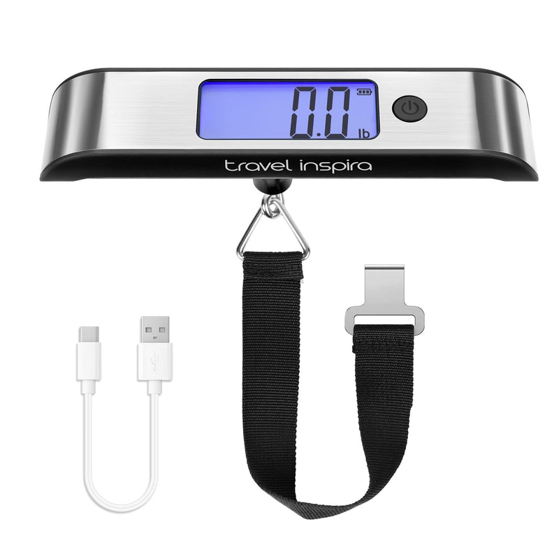 travel inspira Rechargeable Luggage Scale 110lb/50kg - Large Backlit Display - Stainless Steel - Portable Digital Hanging Scale for Suitcases, Bags, Packages (USB - C Charging Included)