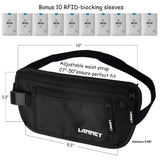 Travel Money Belt RFID Blocking Waist Wallet Waterproof Hidden Stash for Men Women, Under Clothes Passport Holder with 10 Credit Card Sleeves, Black