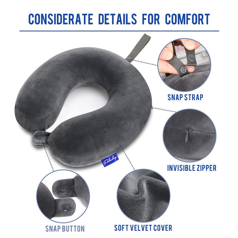 Travel Pillow Memory Foam for Airplanes - Neck Pillow for Traveling, Car, Home, Flight Pillow for Sleeping with Attachable Snap Strap Soft Washable Cover, Provide Head Neck Support Rest, Dark Gray