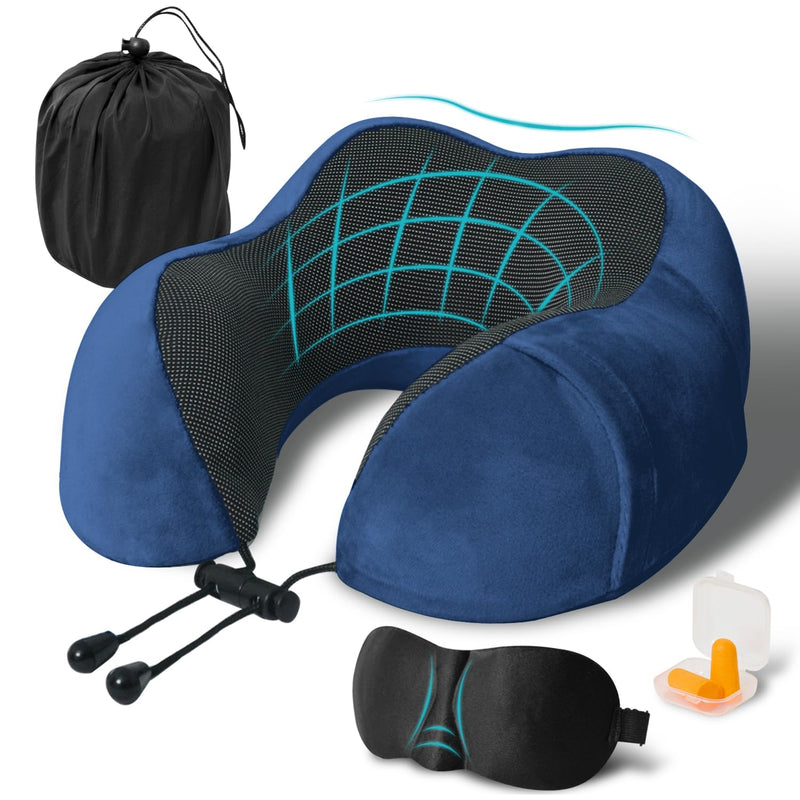 Travel Pillow, Memory Foam Neck Pillow for Traveling, U Shape Neck Pillow Airplane Portable Flight Pillow Travel Kit with 5D Contoured Eye Masks and Earplug for Plane Train Car Home Office - Blue