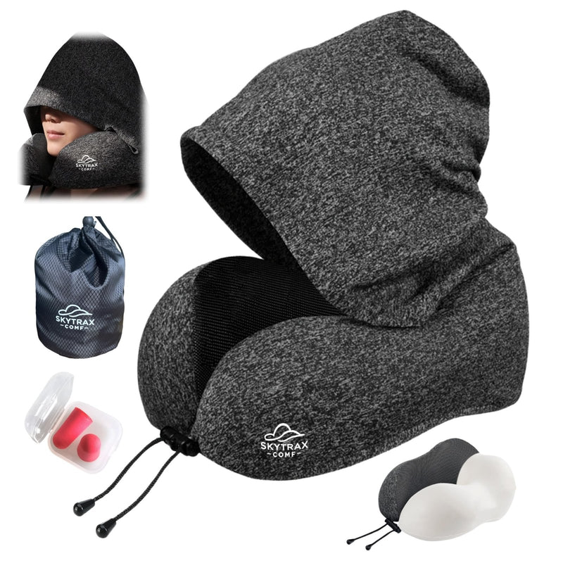 Travel Pillow with Extra Large Hood for Airplane Long Flights Privacy and Comfort Memory Foam with Skin - Friendly Cover for Road Trip Head&Neck Support for Plane Office Cars Sleeping & Rest (Grey)