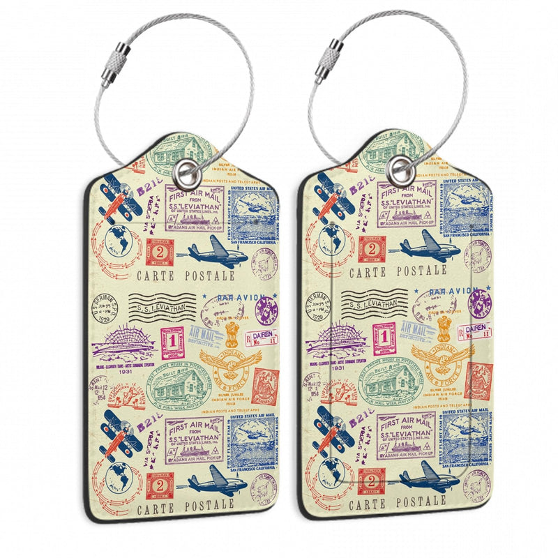 Travel Stamp Luggage Tags for Suitcase,2 Pack Retro Passport Carte Postale Luggage Tag Leather Privacy Cover ID Label with Stainless Steel Loop for Women Men Kids Girls