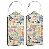 Travel Stamp Luggage Tags for Suitcase,2 Pack Retro Passport Carte Postale Luggage Tag Leather Privacy Cover ID Label with Stainless Steel Loop for Women Men Kids Girls