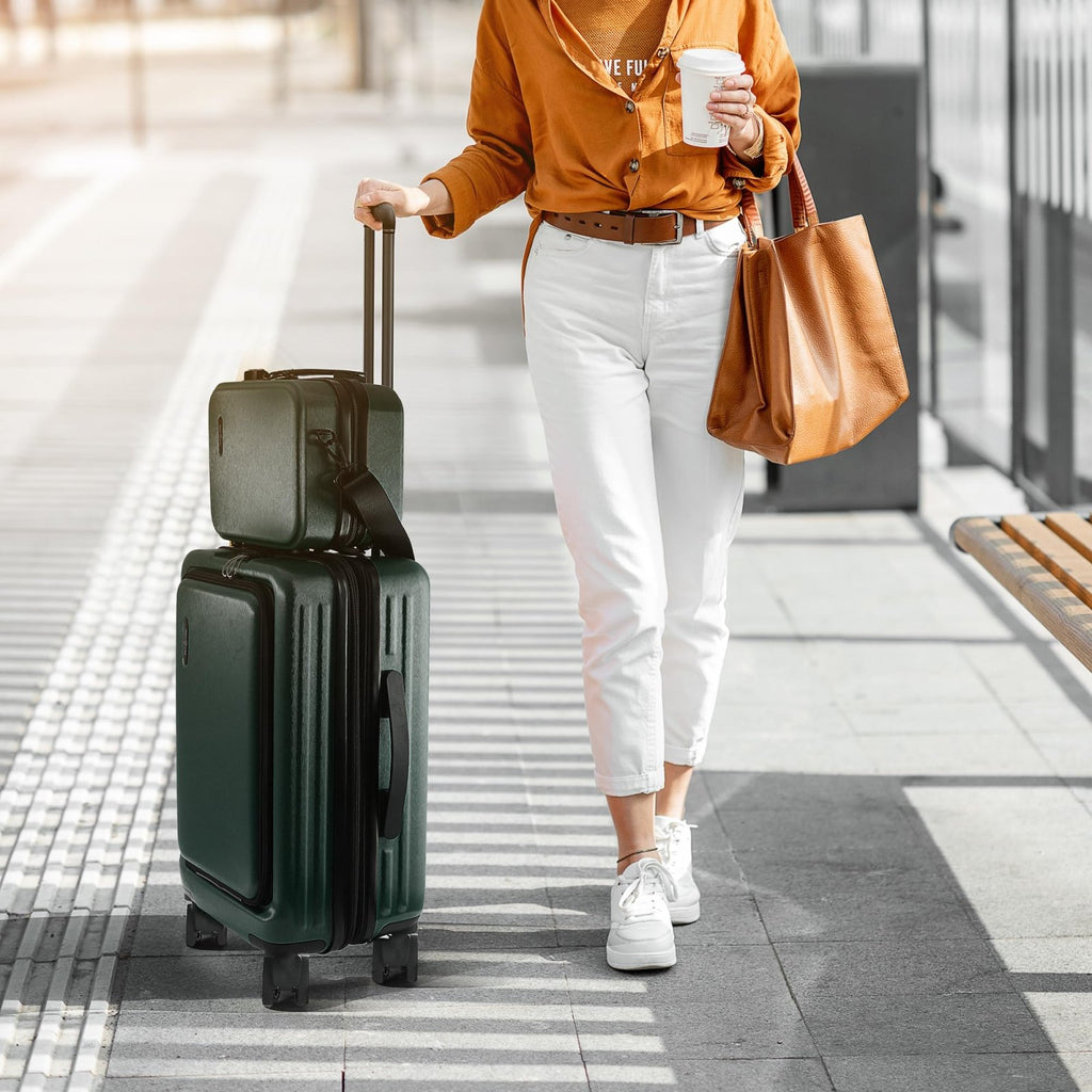 TRAVELARIM 20 Inch Carry On Luggage 22x14x9 Airline Approved, Carry On Suitcase with Wheels, Hard - shell Carry - on Luggage, Durable Luggage Carry - On, Green Small Suitcase with Cosmetic Case