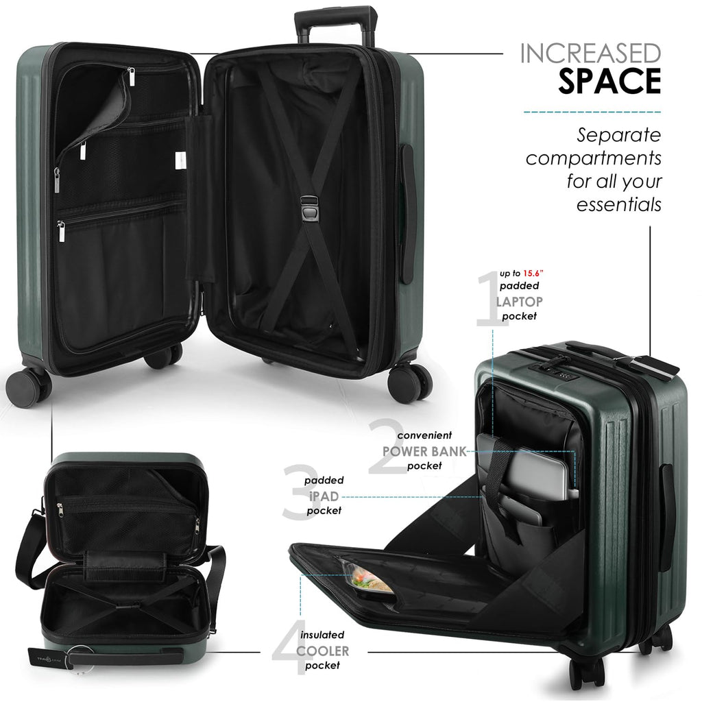 TRAVELARIM 20 Inch Carry On Luggage 22x14x9 Airline Approved, Carry On Suitcase with Wheels, Hard - shell Carry - on Luggage, Durable Luggage Carry - On, Green Small Suitcase with Cosmetic Case