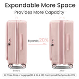 TRAVELEO 3 Piece Luggage Set 100% PC Hardshell, Front Opening Expandable Suitcase (20/24/28) with Laptop Compartment & Free Custom PVC Covers, Trunk Style Lightweight Spinner Wheels TSA Lock (Pink)