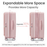 TRAVELEO 3 Piece Luggage Set 100% PC Hardshell, Front Opening Expandable Suitcase (20/24/28) with Laptop Compartment & Free Custom PVC Covers, Trunk Style Lightweight Spinner Wheels TSA Lock (Pink)