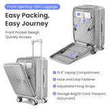 TRAVELEO 3 Piece Luggage Set 100% PC Hardshell, Front Opening Expandable Suitcase (20/24/28) with Laptop Compartment & Free Custom PVC Covers, Trunk Style Lightweight Spinner Wheels TSA Lock (Silver)