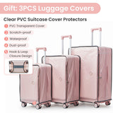 TRAVELEO 3 Piece Luggage Set 100% PC Hardshell, Front Opening Expandable Suitcase (20/24/28) with Laptop Compartment & Free Custom PVC Covers, Trunk Style Lightweight Spinner Wheels TSA Lock (Pink)