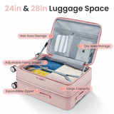 TRAVELEO 3 Piece Luggage Set 100% PC Hardshell, Front Opening Expandable Suitcase (20/24/28) with Laptop Compartment & Free Custom PVC Covers, Trunk Style Lightweight Spinner Wheels TSA Lock (Pink)