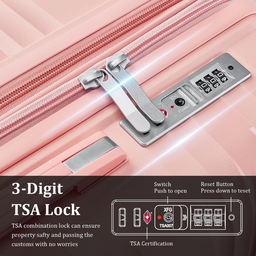 TRAVELEO 4 Piece Carry On Luggage Set 20 Inch, Expandable PP Hardshell Suitcase with Detachable Spinner Wheels & TSA Lock, Includes Cosmetic Case, Travel Tote & Toiletry Bag, Lightweight (Pink)