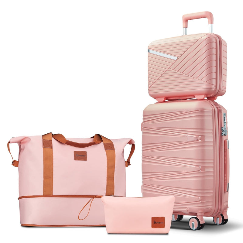TRAVELEO 4 Piece Carry On Luggage Set 20 Inch, Expandable PP Hardshell Suitcase with Detachable Spinner Wheels & TSA Lock, Includes Cosmetic Case, Travel Tote & Toiletry Bag, Lightweight (Pink)