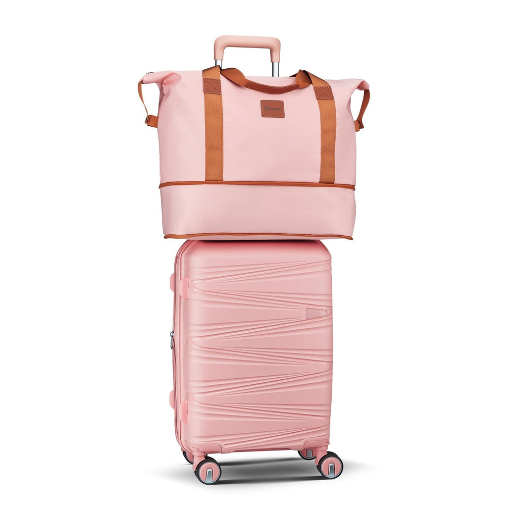 TRAVELEO 4 Piece Carry On Luggage Set 20 Inch, Expandable PP Hardshell Suitcase with Detachable Spinner Wheels & TSA Lock, Includes Cosmetic Case, Travel Tote & Toiletry Bag, Lightweight (Pink)