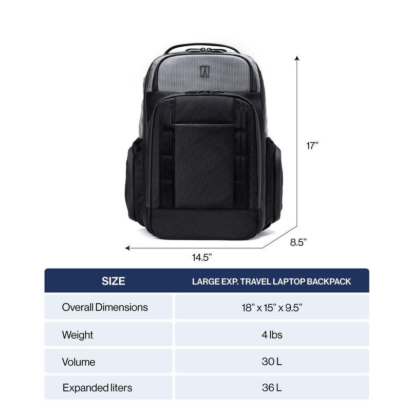 Travelpro Altitude Large Expandable Travel Laptop Backpack 30 - 36L, 16 Inch Laptop, Water Resistant, Work, Business, Men and Women, Jet Black