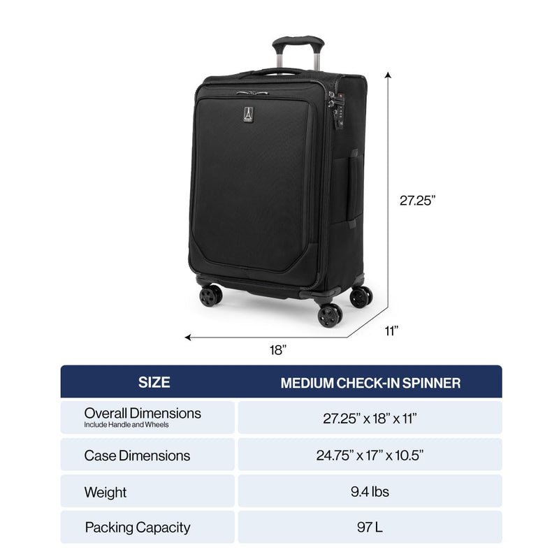 Travelpro Crew Classic Lightweight Softside Expandable Checked Luggage, 8 Wheel Spinner Suitcase, TSA Lock, Men and Women, Checked Medium 25 - Inch, Black
