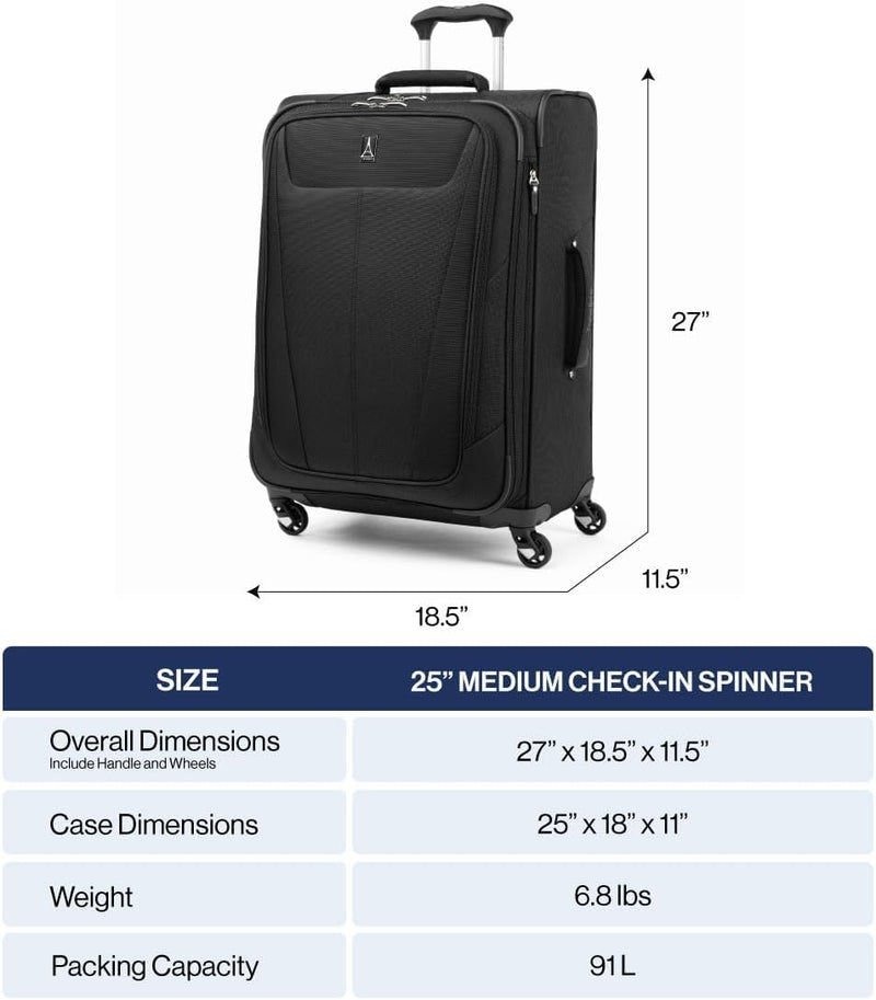 Travelpro Maxlite 5 Softside Expandable Luggage with 4 Spinner Wheels, Lightweight Suitcase, Men and Women, Black, Checked - Medium 25 - Inch