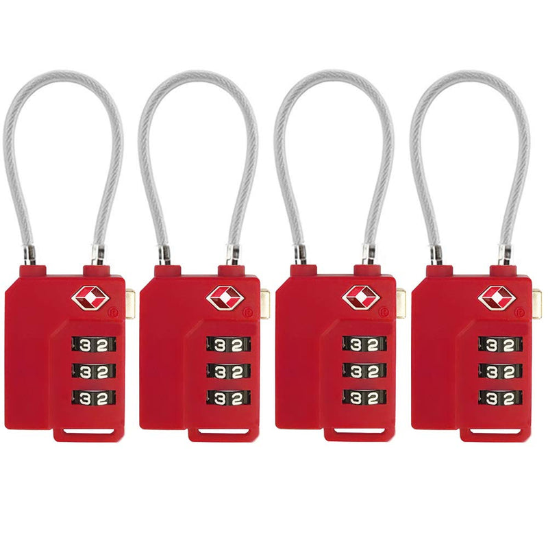TSA Lock Security 3 Digit Combination Suitcase Luggage Bag Code Lock Padlock (Red 4 - Pack)