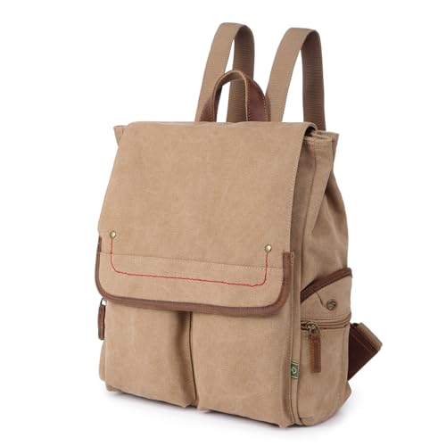 TSD Brand Canvas Backpack Lightweight Travel Daypack Carry On Laptop Backpack Hiking Casual Daypack Backpack (Khaki)