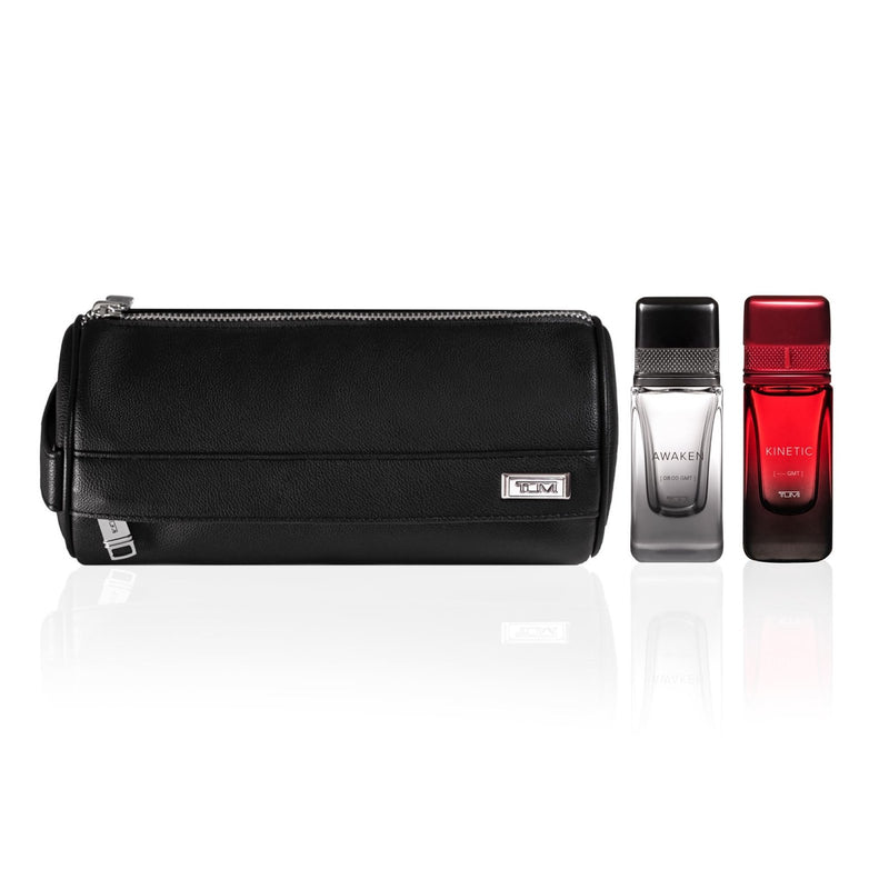 TUMI Dopp Kit Gift Set - Includes AWAKEN [08:00 GMT], KINETIC [ - : - GMT] & Travel Toiletry Bag - .5 oz Eau de Parfum (Pack of 2)