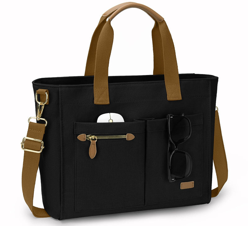 Tuwubi Canvas Tote Bag for Women, Black Tote Purse Crossbody Travel Bag with Zipper Laptop Individual Compartment Shoulder Handbags for Work College Teacher Nurse Gift (Black)