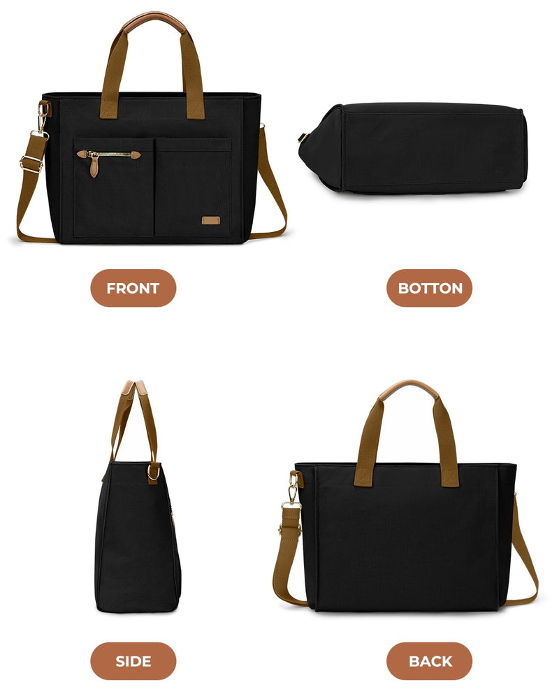 Tuwubi Canvas Tote Bag for Women, Black Tote Purse Crossbody Travel Bag with Zipper Laptop Individual Compartment Shoulder Handbags for Work College Teacher Nurse Gift (Black)