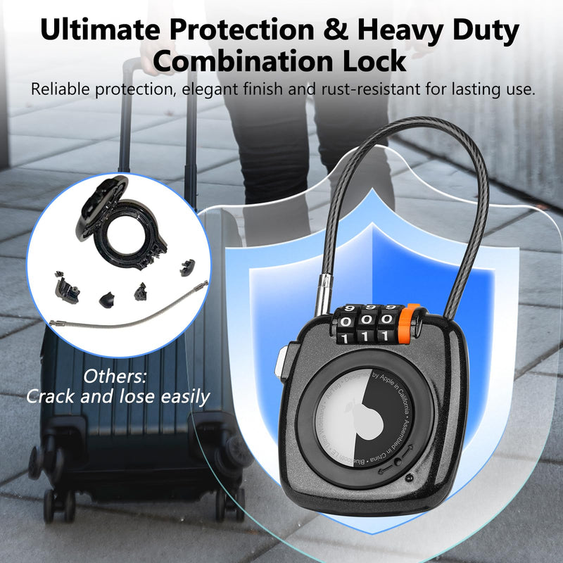 TUXON Compatible with Apple AirTag Secure Lock with Wire Cable, 3 - Digit Combination Luggage Locks, Alloy Body Ultra Durable Anti - Lost Protective Case for Luggage, Bags, Suitcase, and Backpacks (BLACK)