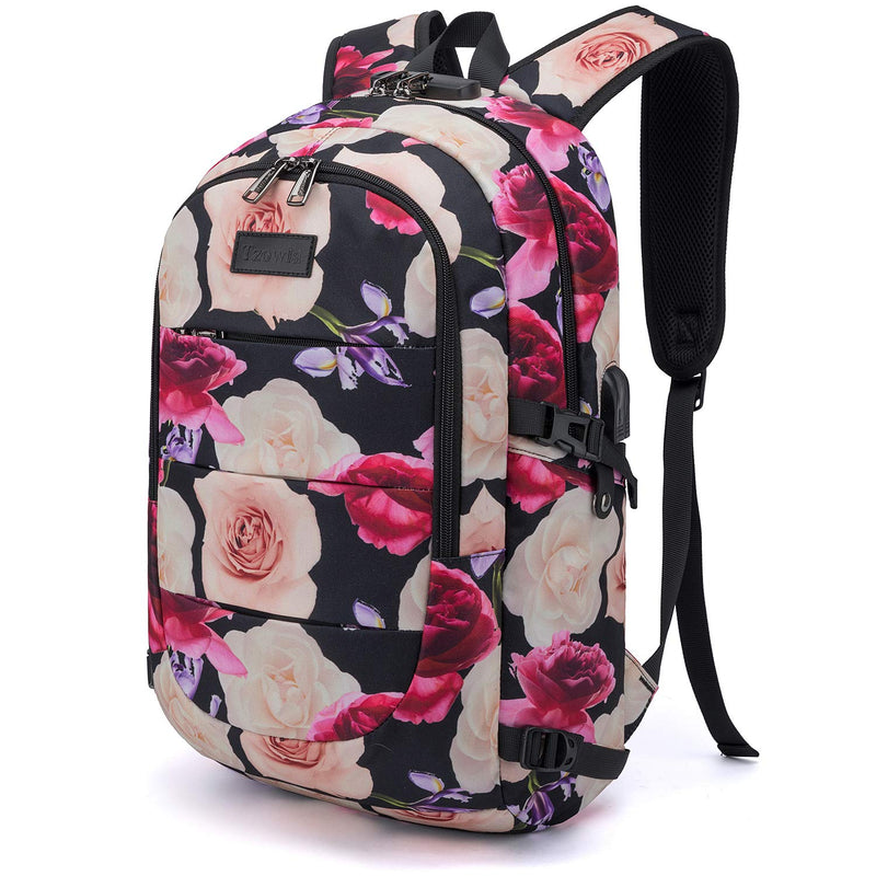 Tzowla Business Laptop Backpack Water Resistant Anti - Theft with USB Charging Port and Lock 15.6 Inch Computer Backpacks for Men, Women, Casual Hiking Travel Daypack (Flower)