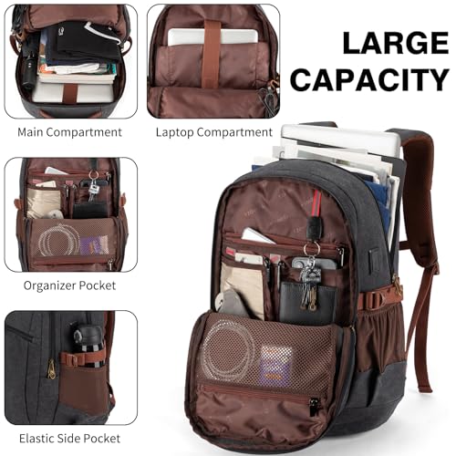 Tzowla Vintage Canvas Laptop Backpack for Men and Women,College Travel Work Rucksack with USB/Type-C Charging Port,Lightweight Bookbag Hiking Casual Daypack Backpacks Fit 15.6 Inch Notebook(Black)